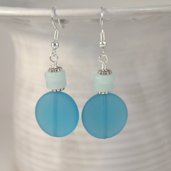 Blue and Green Sea Glass Beaded Dangle Pierced or Clip-on Earrings - Picture 6 of 10